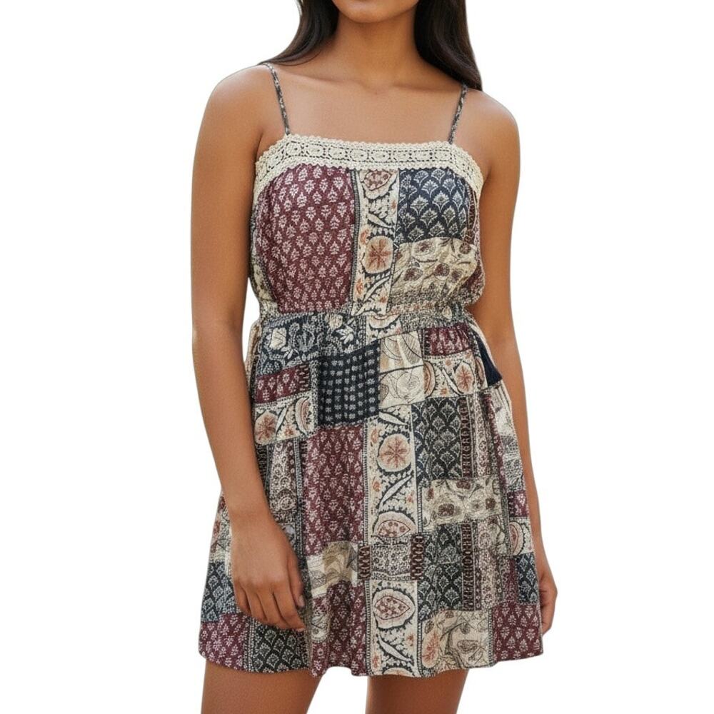 Earthbound Patchwork Open Back Boho Mini Dress Large Festival Folk Prairie